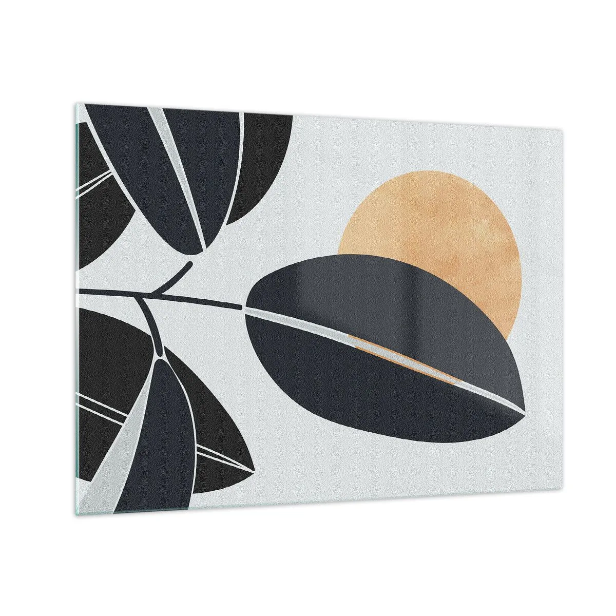 Cuadro sobre vidrio - Impresiones sobre Vidrio - Hojas estilizadas en negro con un sol naranja en el fondo. - 70x50cm - Un día de verano caluroso - Decoración de pared moderna para salón y dormitorio ARTTOR