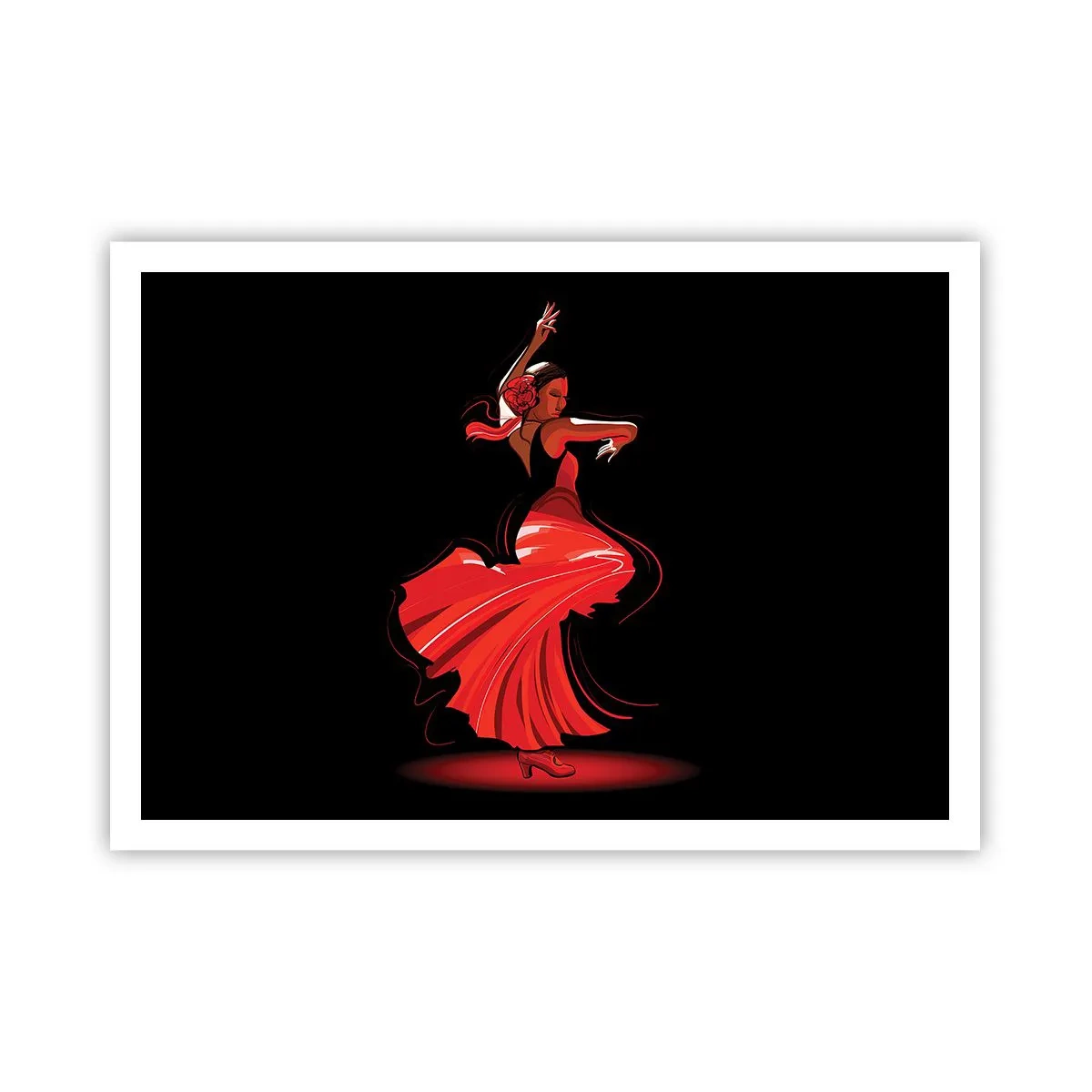 Póster - Bailaora de flamenco con vestido rojo sobre fondo negro - 100x70cm - El espíritu ardiente del flamenco - Decoración de pared moderna para salón y dormitorio ARTTOR