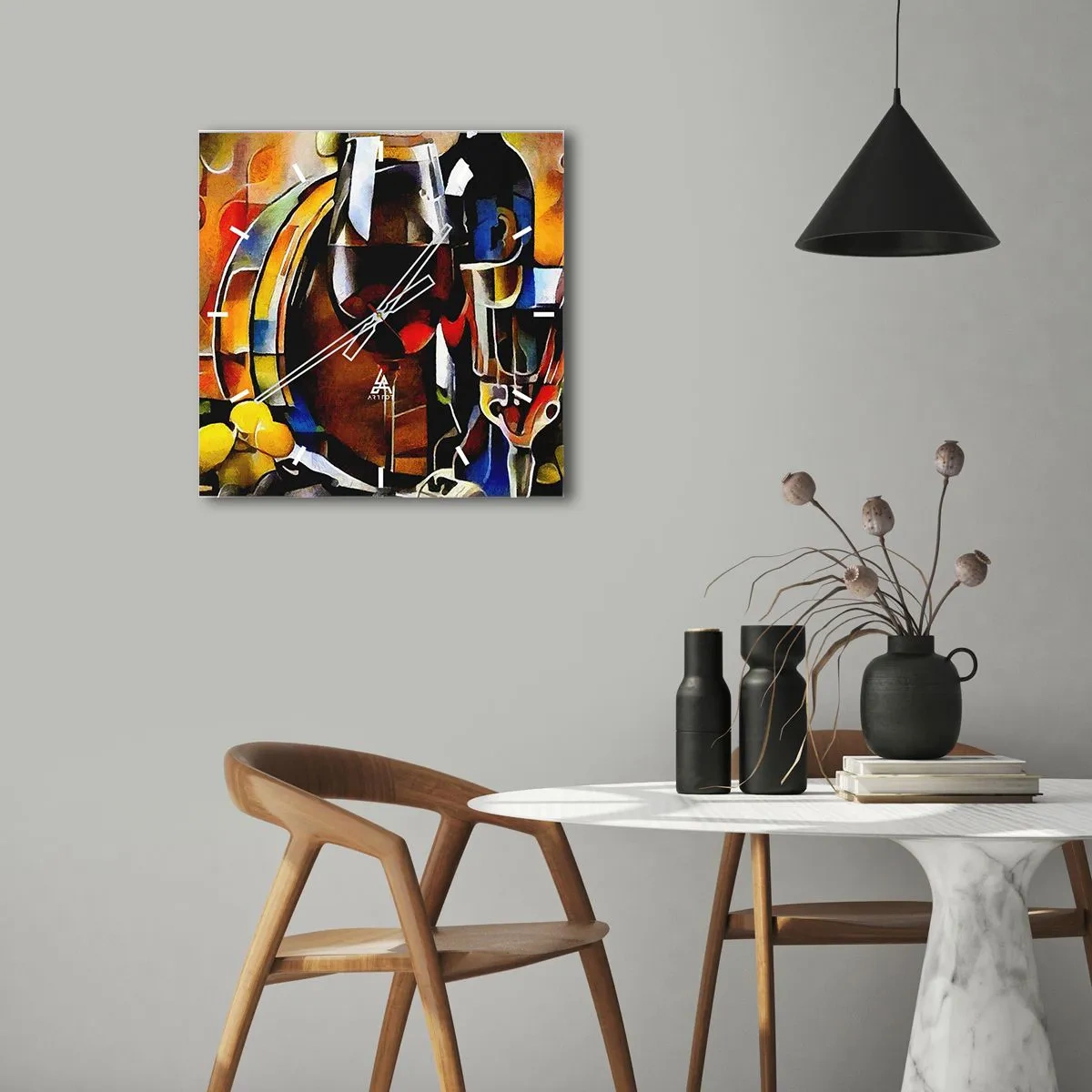 Reloj de pared - Reloj de vidrio - Bodegón abstracto con gafas e instrumentos - 30x30cm - Y el mundo se vuelve más colorido - Decoración de pared moderna para salón y dormitorio ARTTOR