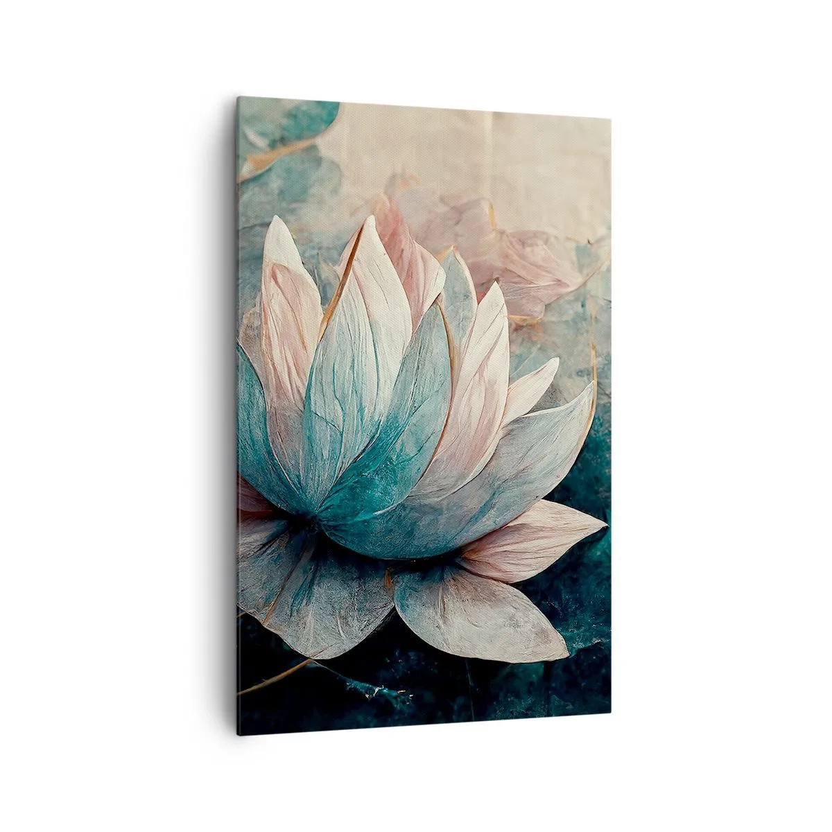 Cuadro sobre lienzo - Impresión de Imagen - Nenúfares sutiles en tonos pastel de azul y dorado. - 80x120cm - Estrellas de lago - Decoración de pared moderna para salón y dormitorio ARTTOR