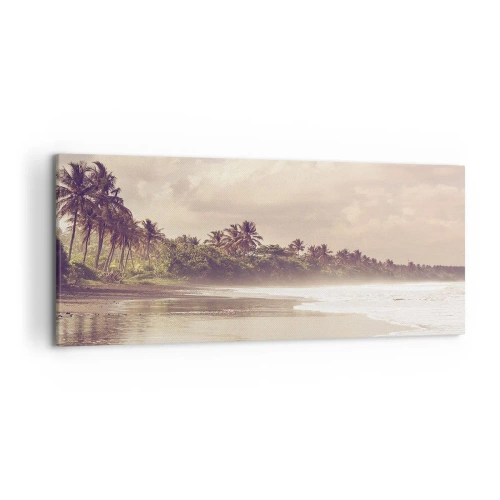 Cuadro sobre lienzo - Impresión de Imagen - Una playa con palmeras y olas suaves por la mañana. - 120x50cm - La caricia de las olas - Decoración de pared moderna para salón y dormitorio ARTTOR