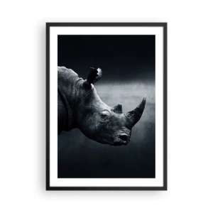 Póster en marco negro - Retrato en blanco y negro de un rinoceronte sobre un fondo oscuro. - 50x70cm - Perfil derecho - Decoración de pared moderna para salón y dormitorio ARTTOR
