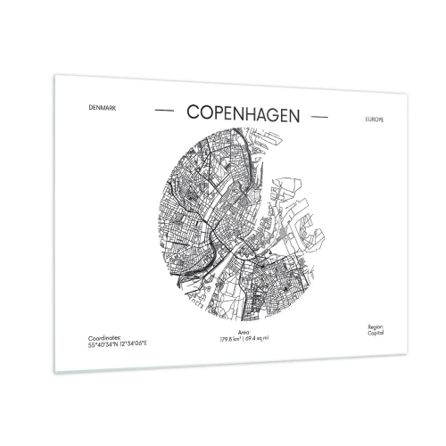 Cuadro sobre vidrio - Impresiones sobre Vidrio - Un mapa de Copenhague en forma de boceto gráfico de calles - 70x50cm - Anatomía de Copenhague - Decoración de pared moderna para salón y dormitorio ARTTOR