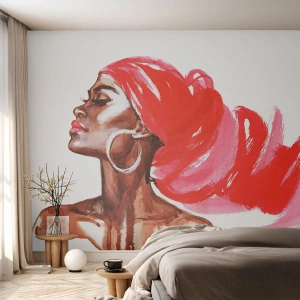 Fotomural Premium Sand - Retrato estilizado de una mujer con un pañuelo rojo. - 100x70cm - Aroma que te hace sentir - Decoración de pared moderna para salón y dormitorio ARTTOR