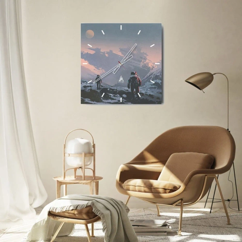 Reloj de pared - Reloj de vidrio - Astronautas en un planeta alienígena con una nave espacial destrozada - 30x30cm - Bajo una estrella desconocida - Decoración de pared moderna para salón y dormitorio ARTTOR