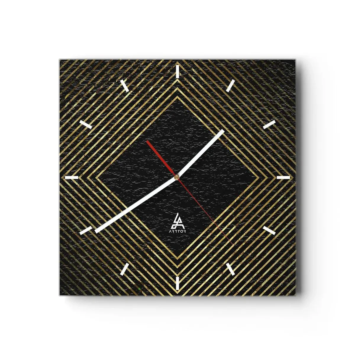 Reloj de pared - Reloj de vidrio - Fondo negro con un patrón geométrico de líneas doradas. - 30x30cm - Geometría al estilo glamour - Decoración de pared moderna para salón y dormitorio ARTTOR