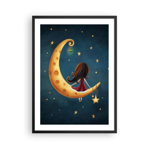 Póster en marco negro - Una niña en la luna rodeada de estrellas y una linterna. - 50x70cm - Érase una vez... - Decoración de pared moderna para salón y dormitorio ARTTOR