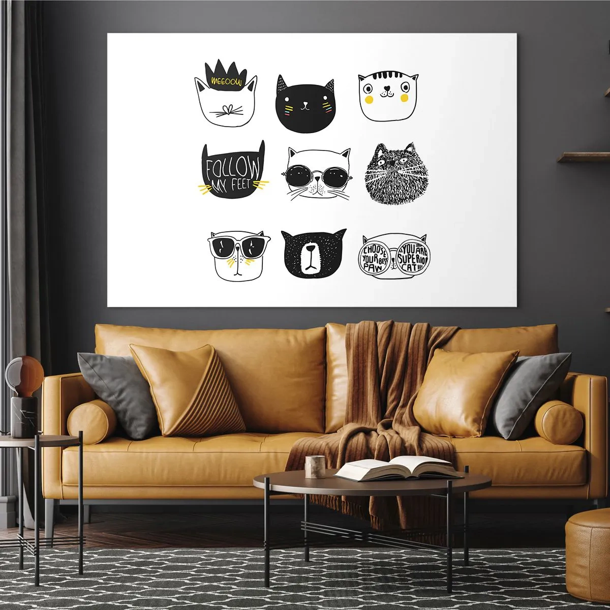 Cuadro sobre vidrio - Impresiones sobre Vidrio - Ilustraciones de adorables gatos en estilo minimalista. - 120x80cm - Cada uno diferente - Decoración de pared moderna para salón y dormitorio ARTTOR