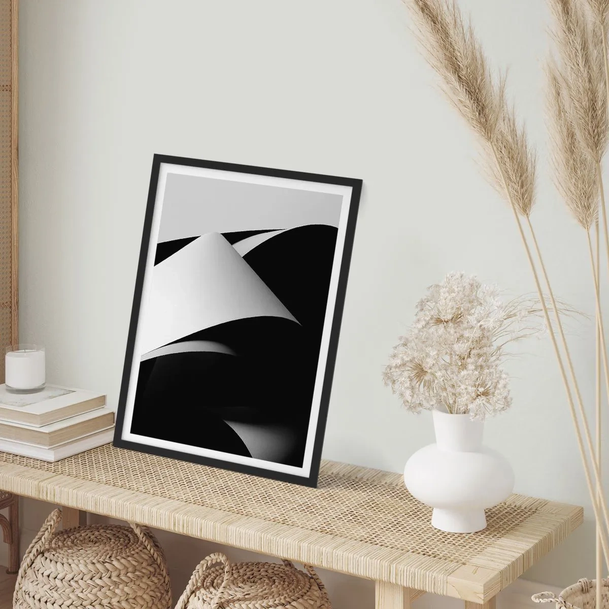 Póster en marco negro - Abstracción minimalista en blanco y negro - 50x70cm - Planos de luz desde las profundidades de la sombra - Decoración de pared moderna para salón y dormitorio ARTTOR