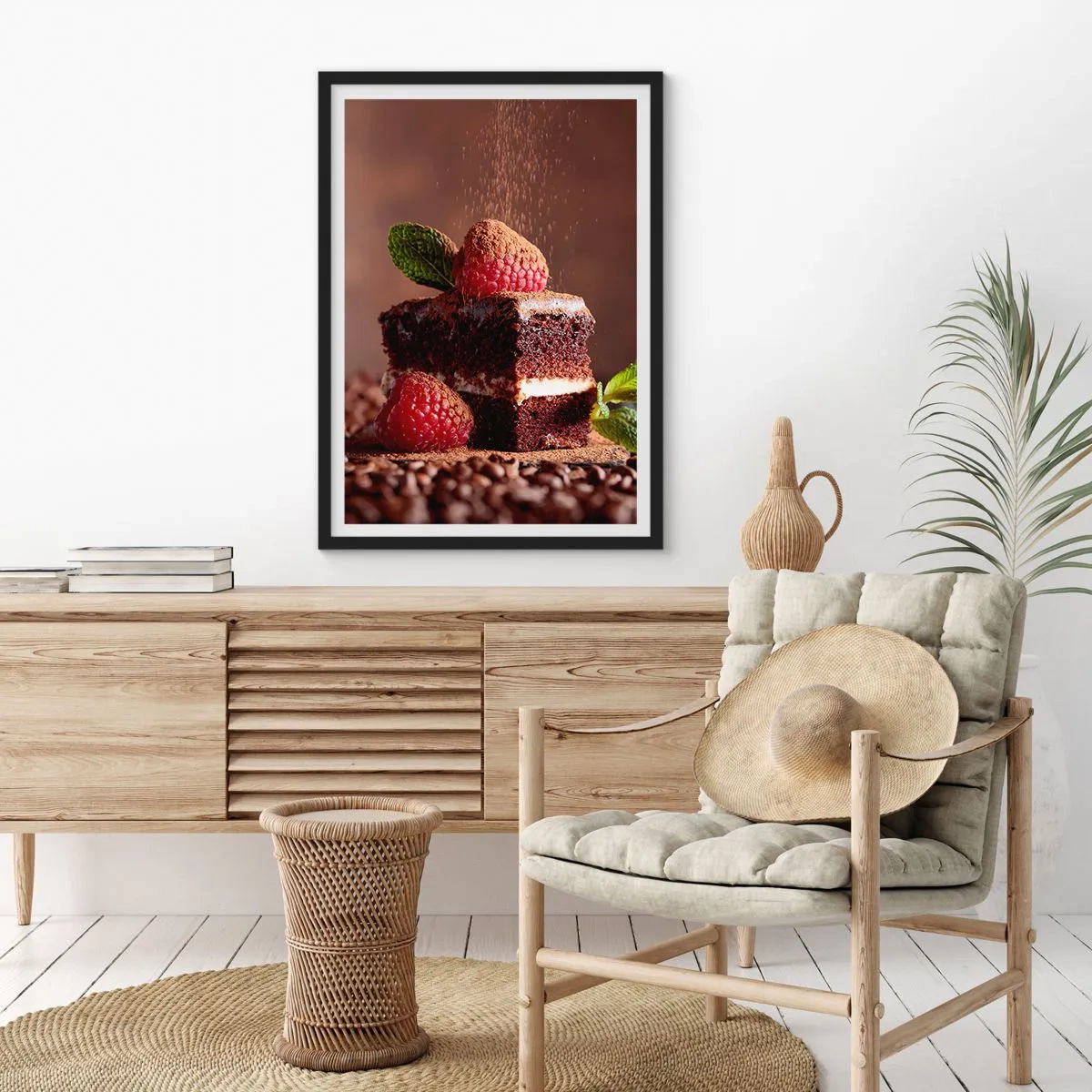 Póster en marco negro - Pastel de chocolate con frambuesas y chispas de cacao - 50x70cm - La vida es dulce - Decoración de pared moderna para salón y dormitorio ARTTOR