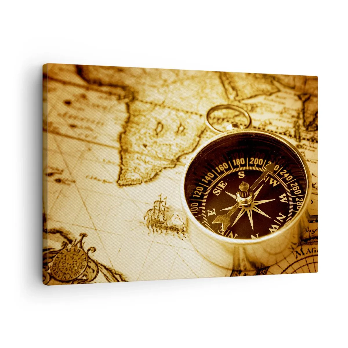 Cuadro sobre lienzo - Impresión de Imagen - Una brújula antigua sobre el fondo de un mapa del viejo mundo. - 70x50cm - ¿Este u Oeste? - Decoración de pared moderna para salón y dormitorio ARTTOR
