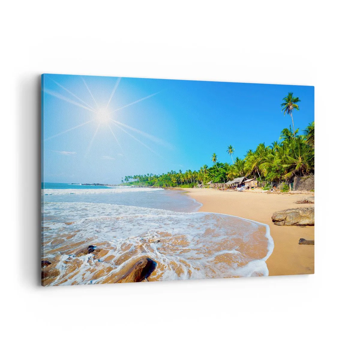 Cuadro sobre lienzo - Impresión de Imagen - Playa tropical con palmeras y cielo azul. - 120x80cm - Un lugar exótico para ti - Decoración de pared moderna para salón y dormitorio ARTTOR