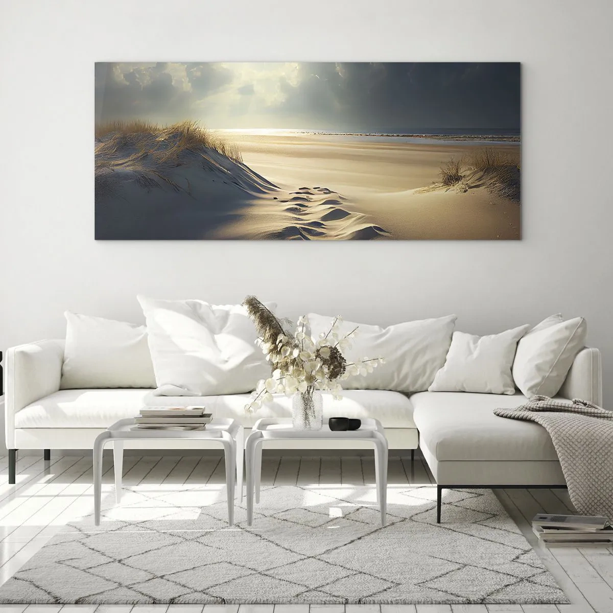 Cuadro sobre vidrio - Impresiones sobre Vidrio - Dunas doradas en la playa al atardecer con vistas al mar - 160x50cm - Paisaje tranquilizador - Decoración de pared moderna para salón y dormitorio ARTTOR