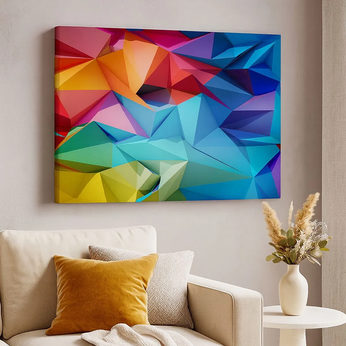 Cuadro sobre lienzo - Impresión de Imagen - Abstracción geométrica colorida en colores vivos. - 70x50cm - Origami arco iris - Decoración de pared moderna para salón y dormitorio ARTTOR