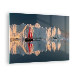 Cuadro sobre vidrio - Impresiones sobre Vidrio - Un velero con una vela roja cerca de los icebergs al atardecer. - 70x50cm - En el límite del mundo - Decoración de pared moderna para salón y dormitorio ARTTOR