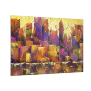 Cuadro sobre vidrio - Impresiones sobre Vidrio - Una metrópolis abstracta en colores cálidos con acentos de color púrpura. - 100x70cm - Composición metropolitana - Decoración de pared moderna para salón y dormitorio ARTTOR