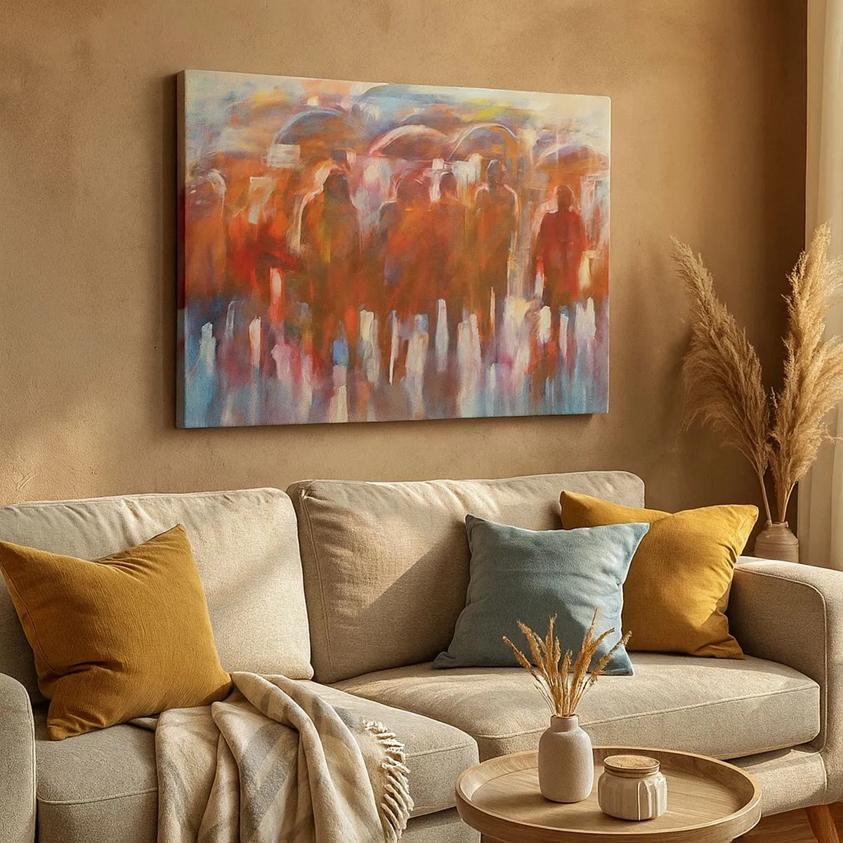 Cuadro sobre lienzo - Impresión de Imagen - Una multitud de personas con paraguas en un entorno artístico y lluvioso. - 70x50cm - Iguales entre la niebla - Decoración de pared moderna para salón y dormitorio ARTTOR