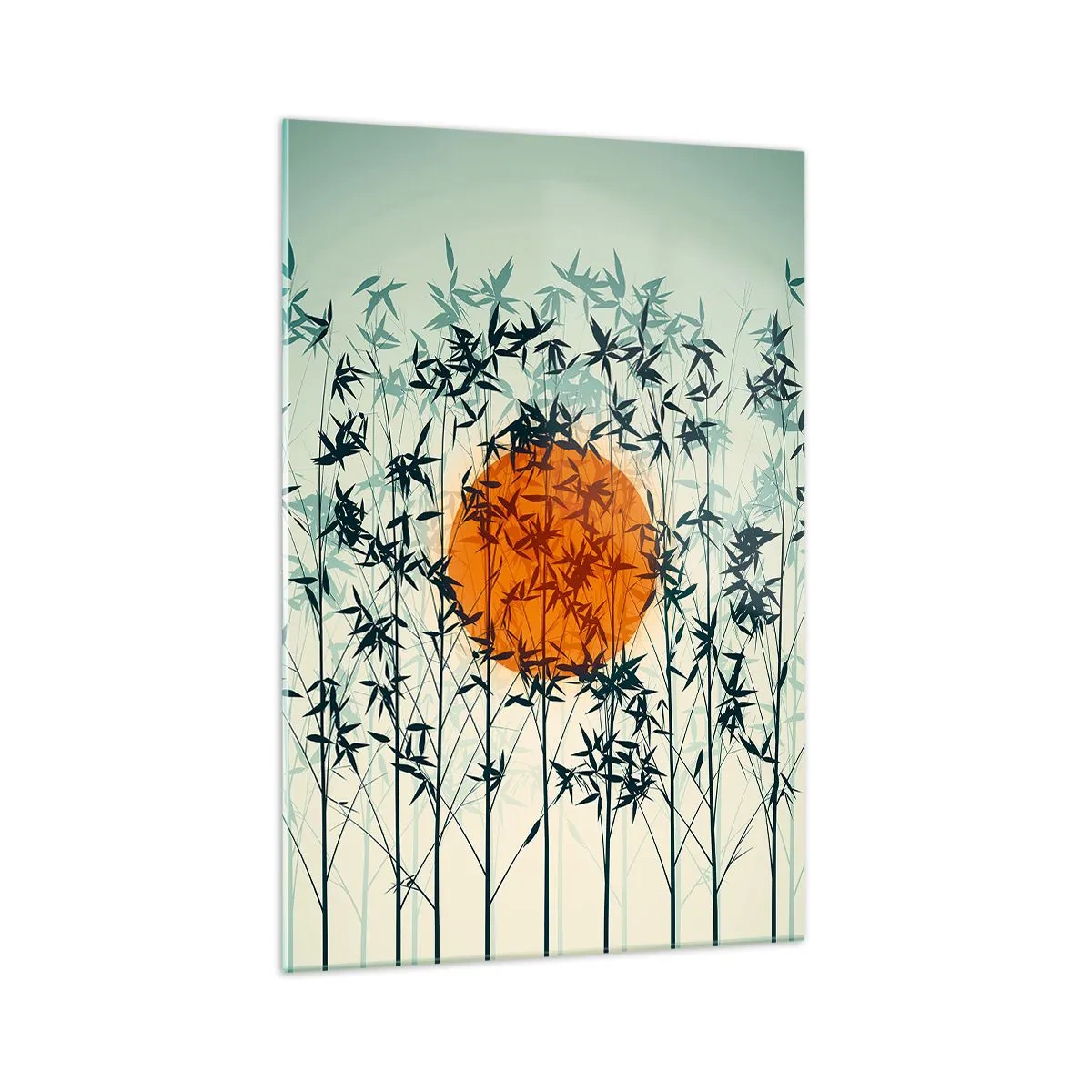 Cuadro sobre vidrio - Impresiones sobre Vidrio - Sol naranja entre las ramas de bambú. - 70x100cm - El sol de Japón - Decoración de pared moderna para salón y dormitorio ARTTOR