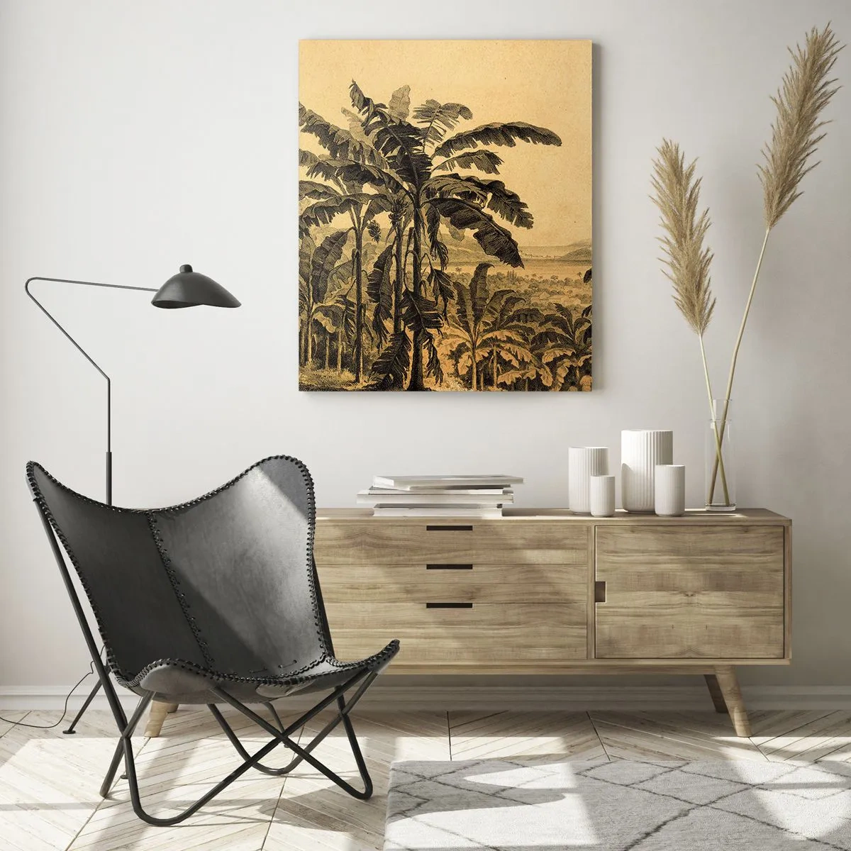 Cuadro sobre vidrio - Impresiones sobre Vidrio - Dibujo de árboles de plátano sobre un fondo de paisaje tropical. - 80x120cm - En un ambiente colonial - Decoración de pared moderna para salón y dormitorio ARTTOR