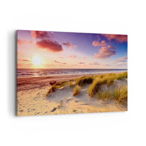 Cuadro sobre lienzo - Impresión de Imagen - Una playa cubierta de hierba y una puesta de sol sobre un mar en calma. - 120x80cm - Se siente la brisa veraniega - Decoración de pared moderna para salón y dormitorio ARTTOR