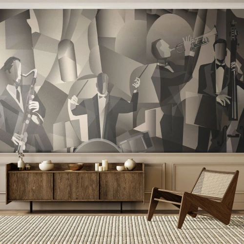 Fotomural Standard Eco - Escena abstracta de una banda de jazz en tonos de gris - 100x70cm - En el espacio de los sonidos - Decoración de pared moderna para salón y dormitorio ARTTOR