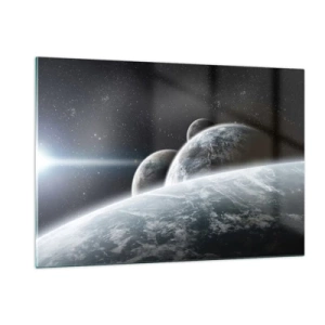 Cuadro sobre vidrio - Impresiones sobre Vidrio - Planetas en el espacio exterior con un rayo de luz. - 120x80cm - Música cósmica de las esferas - Decoración de pared moderna para salón y dormitorio ARTTOR