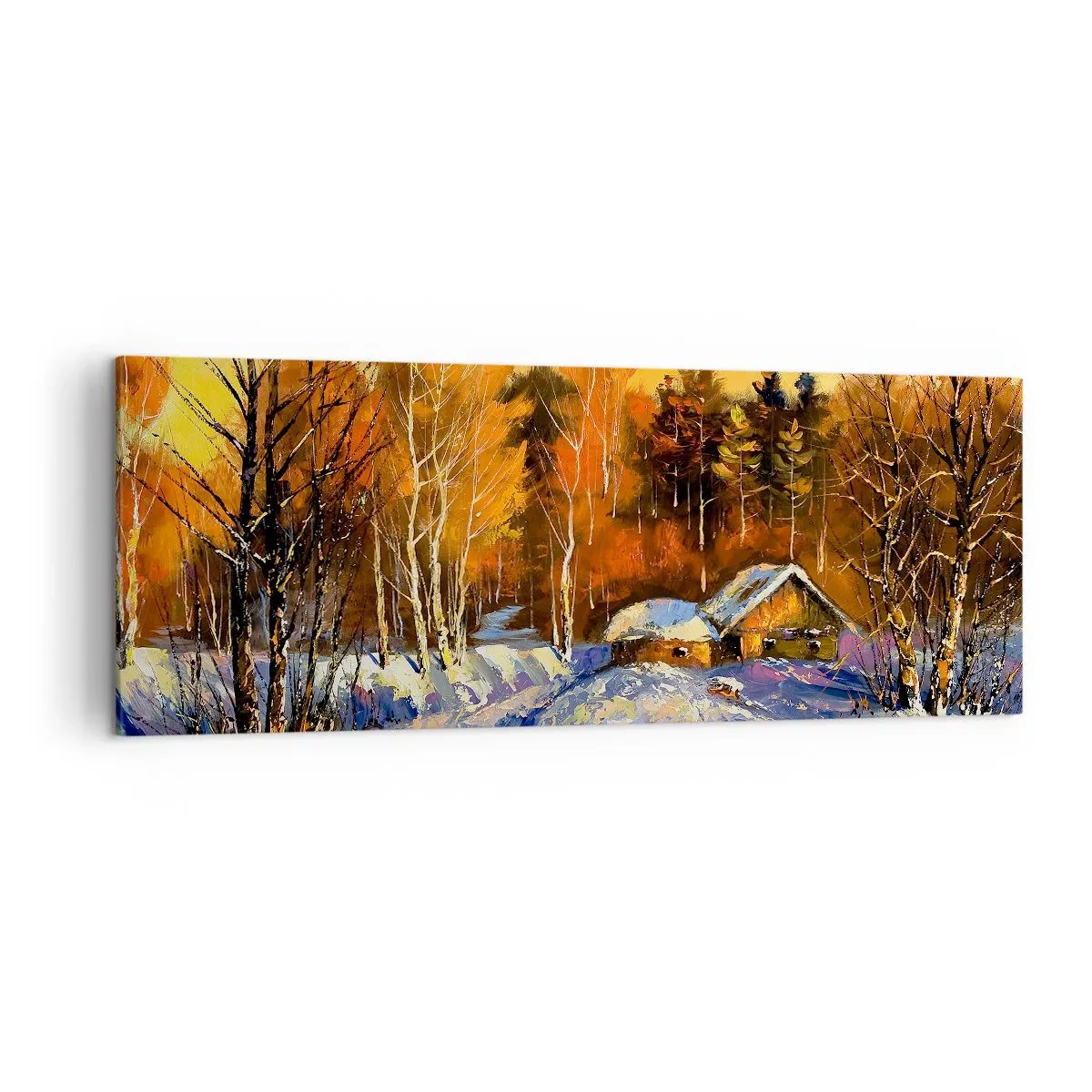 Cuadro sobre lienzo - Impresión de Imagen - Paisaje invernal con una casa a la luz del sol poniente. - 140x50cm - Una impresión invernal al sol - Decoración de pared moderna para salón y dormitorio ARTTOR