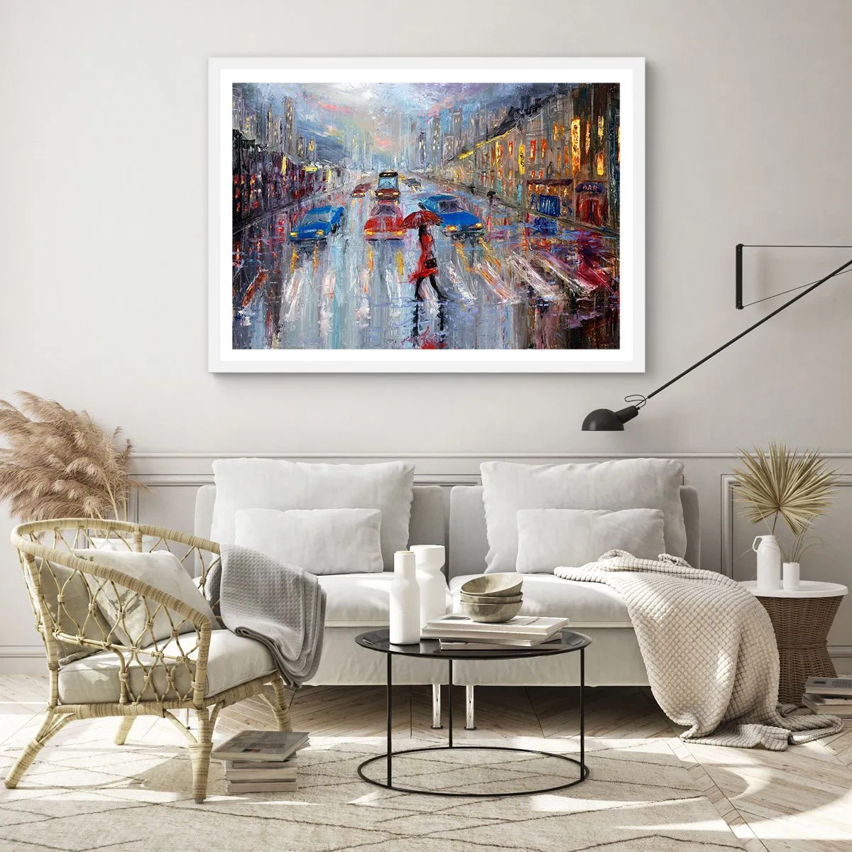 Póster en marco blanco - Una tarde de lluvia en la ciudad - 70x50 cm