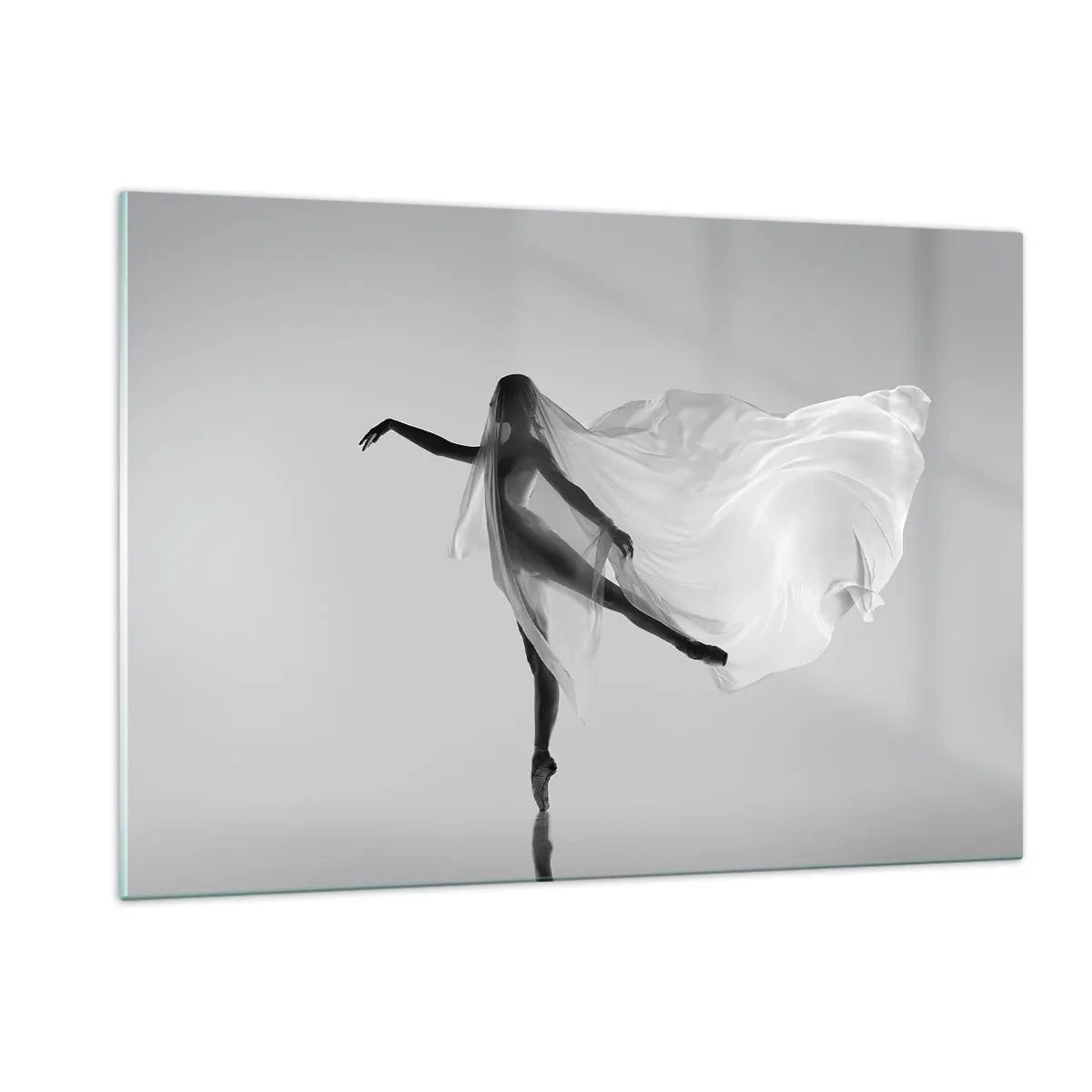 Cuadro sobre vidrio - Impresiones sobre Vidrio - Silueta de una bailarina con un velo flotante en movimiento. - 120x80cm - Ligereza y gracia - Decoración de pared moderna para salón y dormitorio ARTTOR