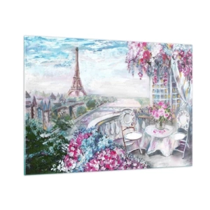 Cuadro sobre vidrio - Impresiones sobre Vidrio - Ilustración de una vista de la Torre Eiffel con un balcón lleno de flores. - 100x70cm - Mayo mágico en París - Decoración de pared moderna para salón y dormitorio ARTTOR