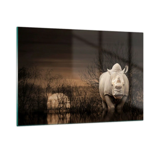 Cuadro sobre vidrio - Impresiones sobre Vidrio - Rinoceronte contra el sol poniente - 120x80cm - El blanco contra la naturaleza - Decoración de pared moderna para salón y dormitorio ARTTOR