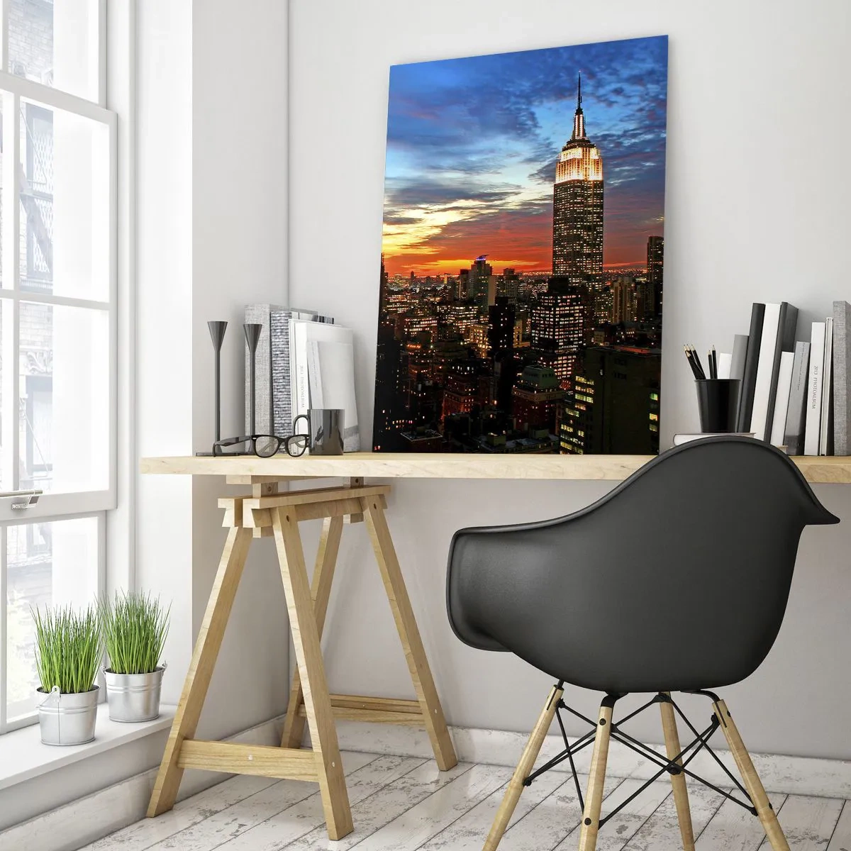 Cuadro sobre vidrio - Impresiones sobre Vidrio - Panorama nocturno de la ciudad con edificios iluminados. - 50x70cm - Una luminosa noche americana - Decoración de pared moderna para salón y dormitorio ARTTOR