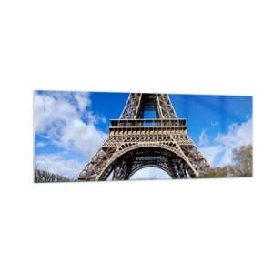 Cuadro sobre vidrio - Impresiones sobre Vidrio - La Torre Eiffel con el cielo azul y un parque verde como fondo. - 140x50cm - Todo París a sus pies - Decoración de pared moderna para salón y dormitorio ARTTOR