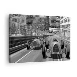 Cuadro sobre lienzo - Impresión de Imagen - Escena de carrera de coches retro monocromática - 70x50cm - Érase una vez en Montecarlo - Decoración de pared moderna para salón y dormitorio ARTTOR