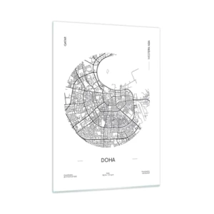 Cuadro sobre vidrio - Impresiones sobre Vidrio - Un mapa gráfico de Doha en un estilo minimalista en blanco y negro. - 50x70cm - Anatomía de Doha - Decoración de pared moderna para salón y dormitorio ARTTOR