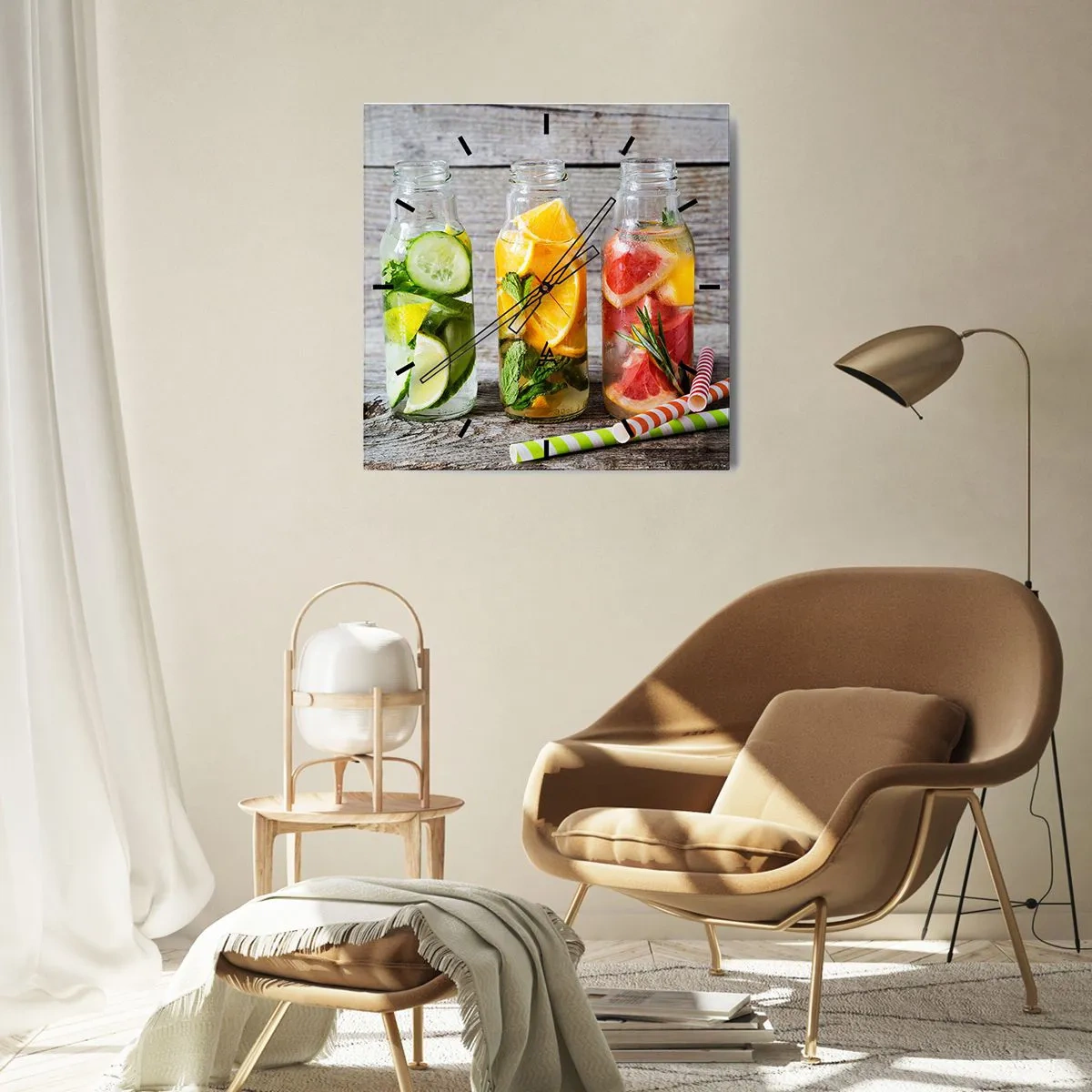 Reloj de pared - Reloj de vidrio - Botellas de agua de frutas y hierbas sobre un fondo de madera. - 30x30cm - Saludable por naturaleza - Decoración de pared moderna para salón y dormitorio ARTTOR