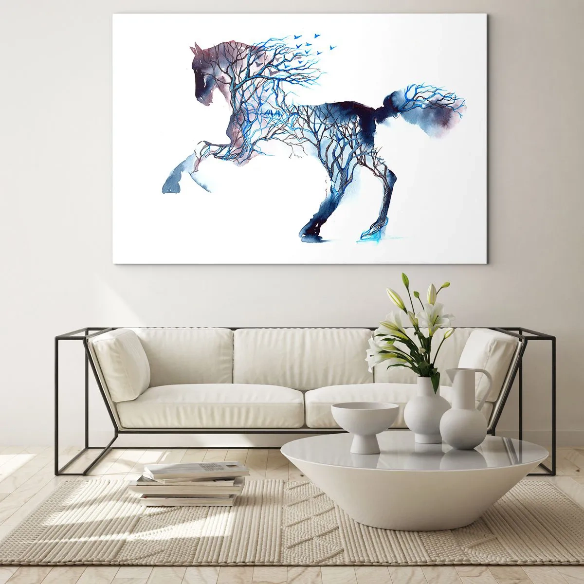 Cuadro sobre vidrio - Impresiones sobre Vidrio - Ilustración de un caballo con ramas en lugar de cuerpo. - 70x50cm - El bosque en movimiento - Decoración de pared moderna para salón y dormitorio ARTTOR