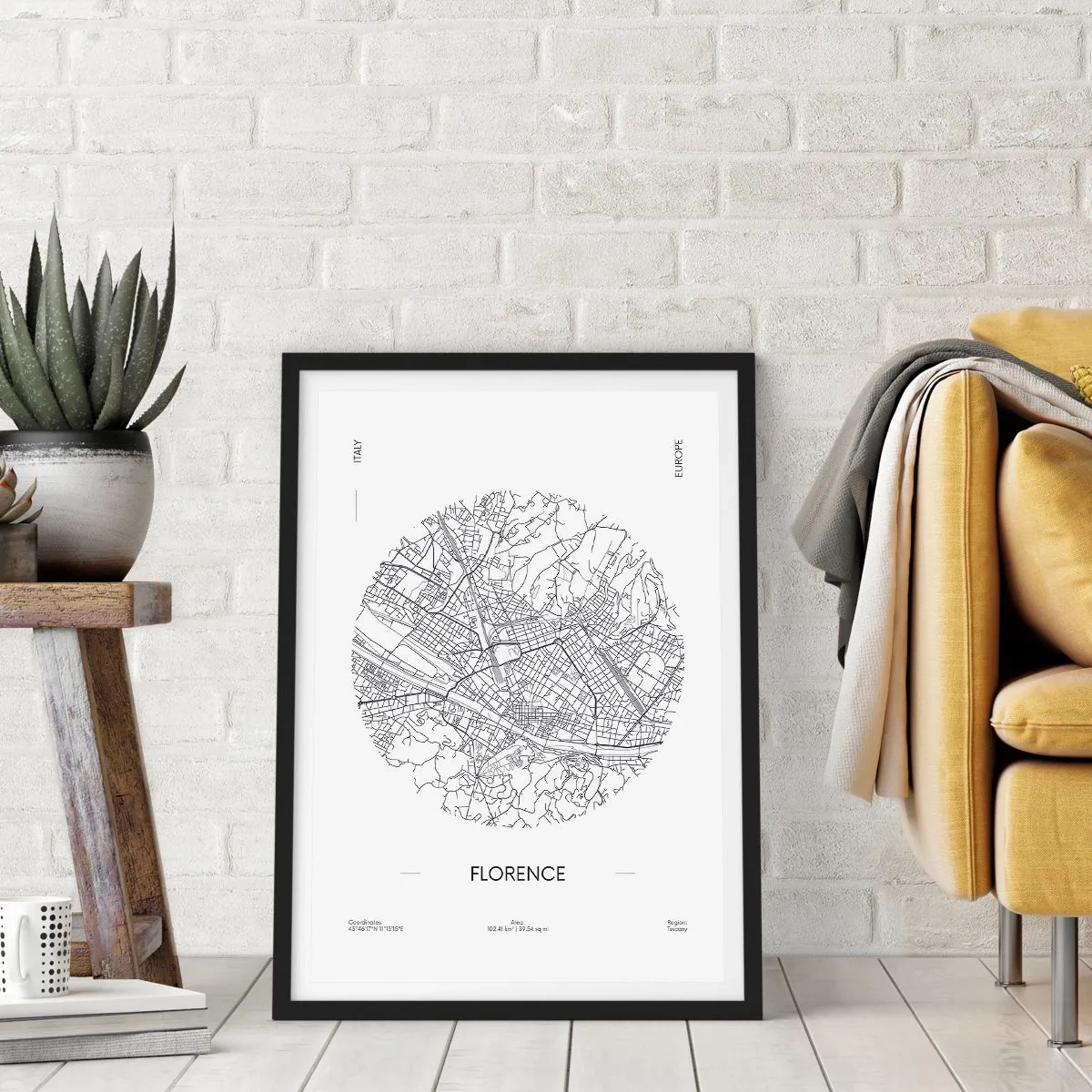 Póster en marco negro - Un mapa minimalista de Florencia en blanco y negro. - 50x70cm - Anatomía de Florencia - Decoración de pared moderna para salón y dormitorio ARTTOR