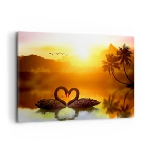 Cuadro sobre lienzo - Impresión de Imagen - Dos cisnes negros formando un corazón con el telón de fondo de un atardecer en el lago. - 100x70cm - Todo a juego - Decoración de pared moderna para salón y dormitorio ARTTOR