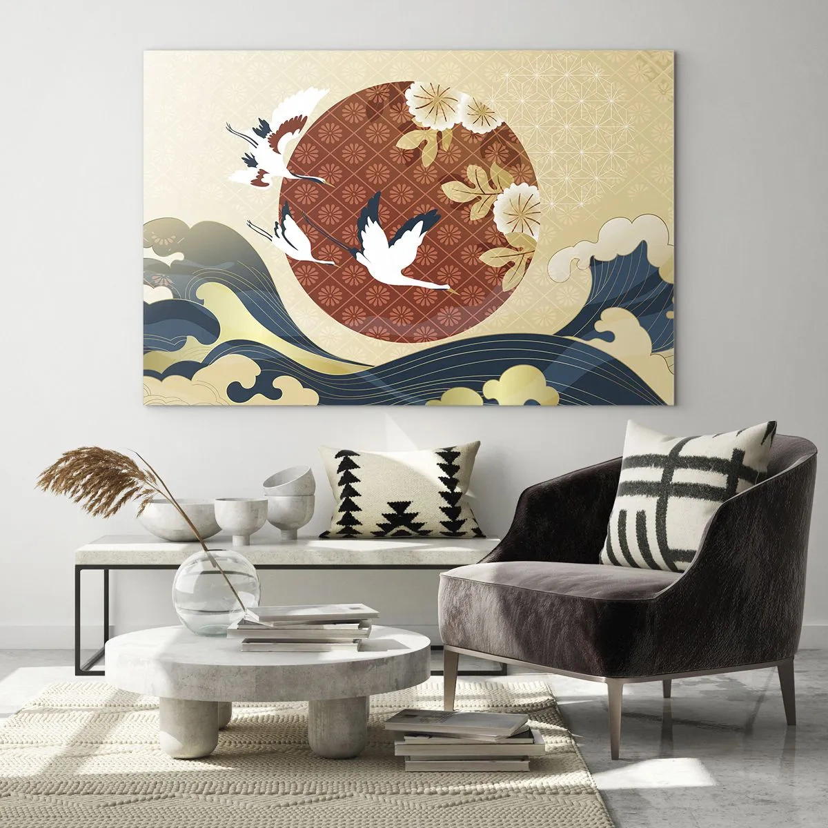 Cuadro sobre vidrio - Impresiones sobre Vidrio - Grúas japonesas sobre las olas contra un círculo rojo - 70x50cm - Un cuento de hadas japonés - Decoración de pared moderna para salón y dormitorio ARTTOR