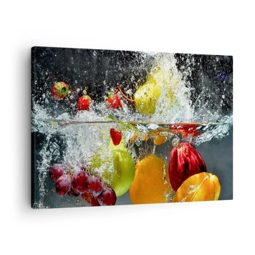 Cuadro sobre lienzo - Impresión de Imagen - Frutas coloridas en el agua durante la inmersión dinámica. - 70x50cm - Refresco afrutado - Decoración de pared moderna para salón y dormitorio ARTTOR