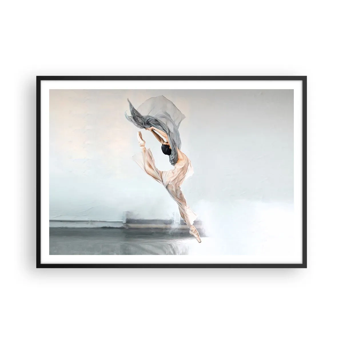 Póster en marco negro - Una bailarina en movimiento dinámico contra un fondo claro. - 100x70cm - En el arrebato de la danza - Decoración de pared moderna para salón y dormitorio ARTTOR