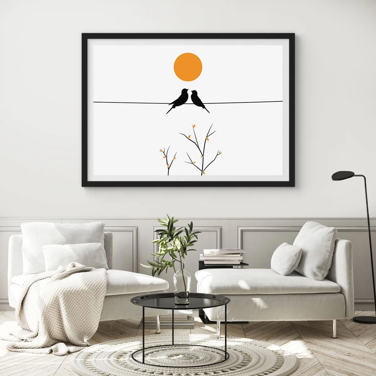 Póster en marco negro - Pájaros en una línea con un sol amarillo. - 100x70cm - Noche de ruiseñores - Decoración de pared moderna para salón y dormitorio ARTTOR