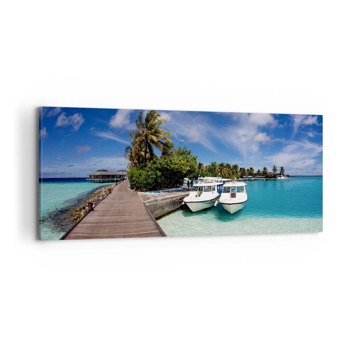 Cuadro sobre lienzo - Impresión de Imagen - Un embarcadero sobre un mar turquesa con barcos y palmeras. - 120x50cm - Y sin embargo el paraíso existe - Decoración de pared moderna para salón y dormitorio ARTTOR