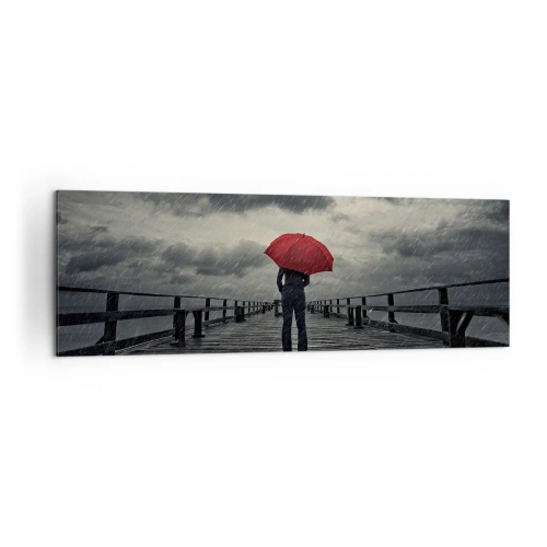 Cuadro sobre lienzo - Impresión de Imagen - Una persona con un paraguas rojo en un muelle lluvioso. - 160x50cm - No importa que llueva - Decoración de pared moderna para salón y dormitorio ARTTOR