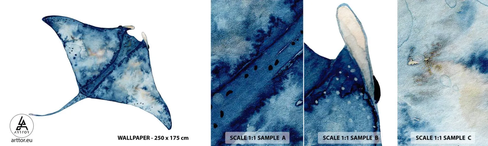 Muestra De Fotomural Standard Eco - La vida en azul - mantarraya, Pez, Estilo costero - 100x30 cm