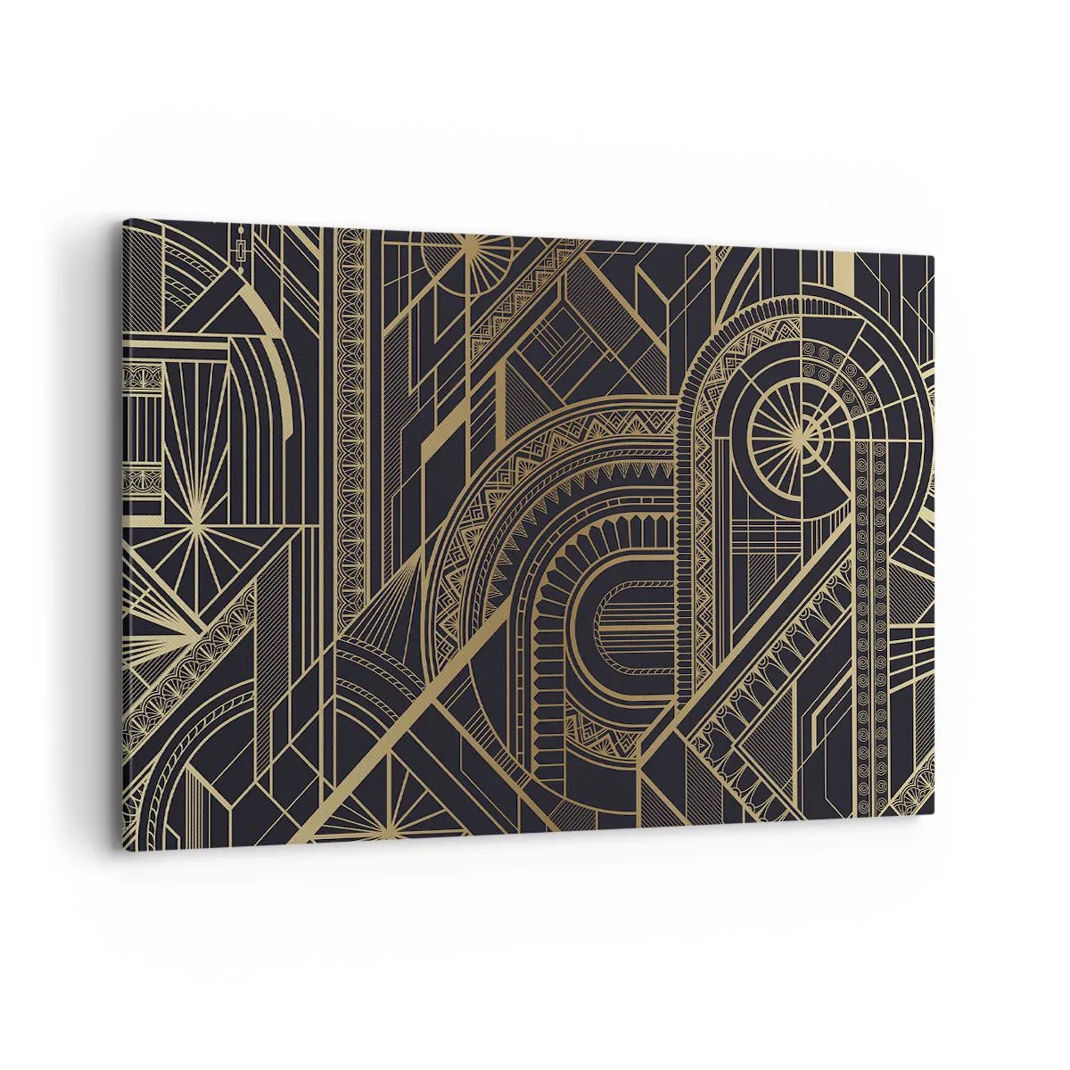 Cuadro sobre lienzo - Impresión de Imagen - Patrones geométricos dorados sobre fondo negro en estilo Art Déco - 120x80cm - Conceptos, ideas, planes - Decoración de pared moderna para salón y dormitorio ARTTOR