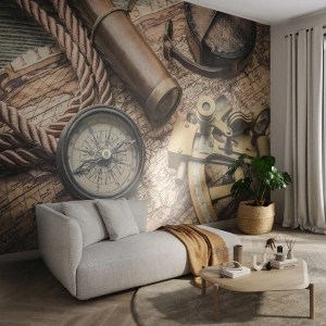 Fotomural Premium Canvas - Establecer un rumbo - Náutico, Mapa del mundo, Brújula - 400x280 cm