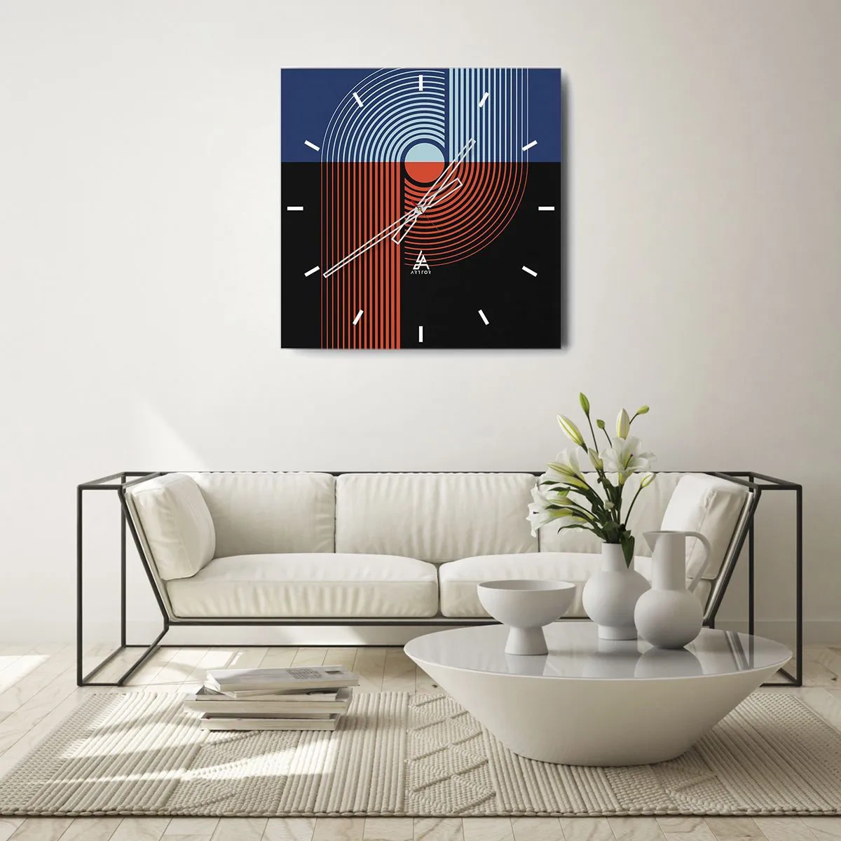 Reloj de pared - Reloj de vidrio - Abstracción geométrica con líneas en azul marino y naranja. - 30x30cm - En un abrazo geométrico - Decoración de pared moderna para salón y dormitorio ARTTOR