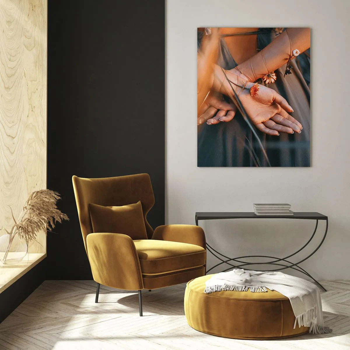 Cuadro sobre vidrio - Impresiones sobre Vidrio - Manos sensuales con flores en un entorno natural. - 80x120cm - Conectada con la naturaleza - Decoración de pared moderna para salón y dormitorio ARTTOR